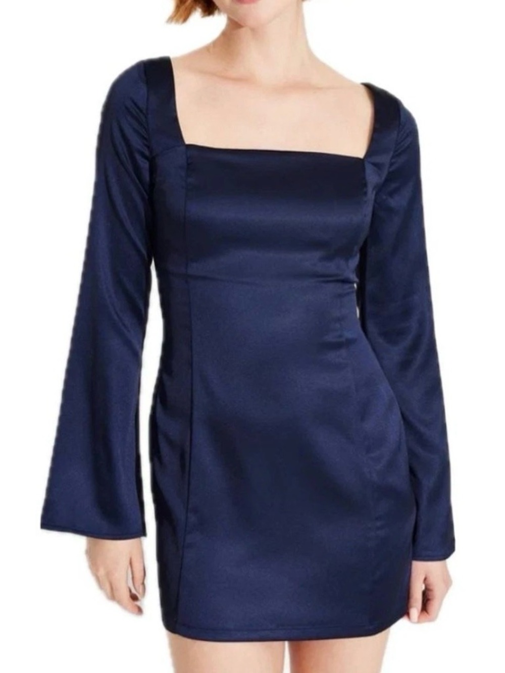 wild fable Navy Satin Square-Neck Long Sleeve Mini Dress